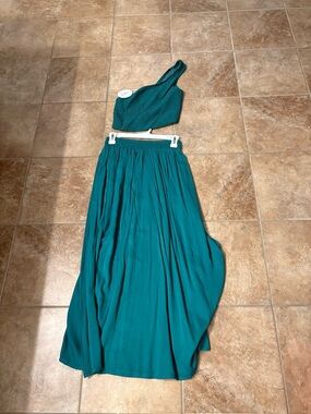 One-Shoulder Teal Maxi Dress Set